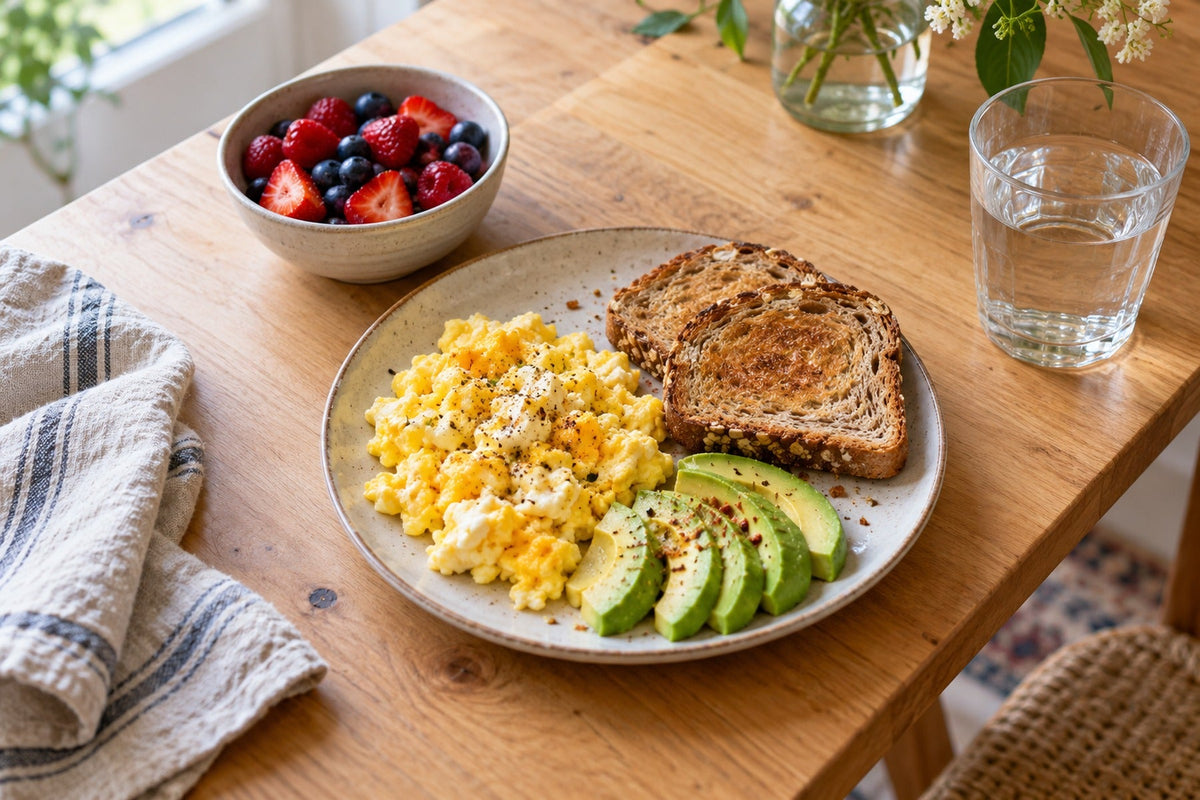 Scrambled eggs, whole-grain toast and avocado with berries and a glass of water.
