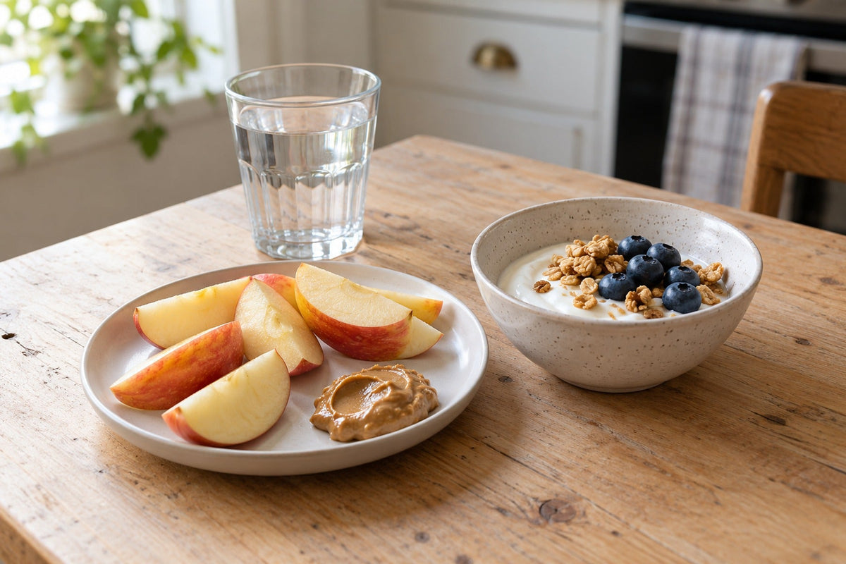 Apple slices with peanut butter, yogurt topped with blueberries and granola, and a glass of water.