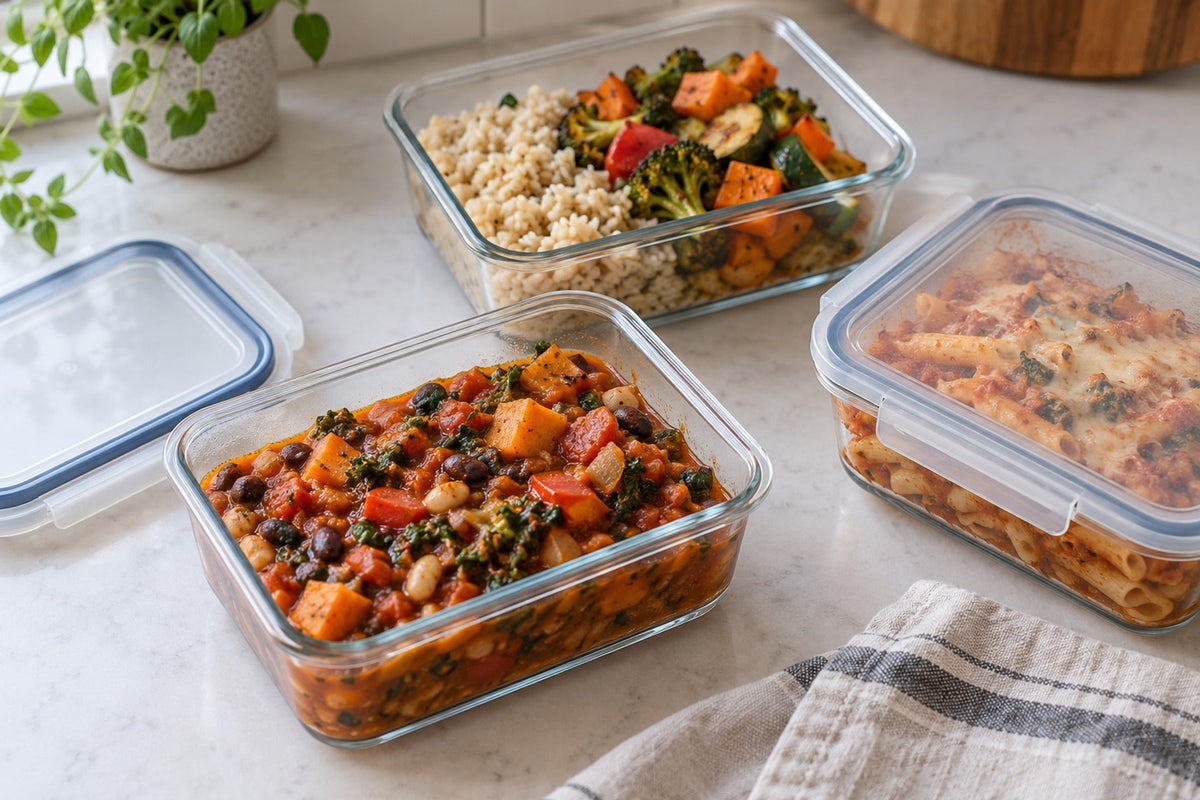 Glass food containers with vegetable and bean stew, rice and roasted vegetables, and baked pasta.
