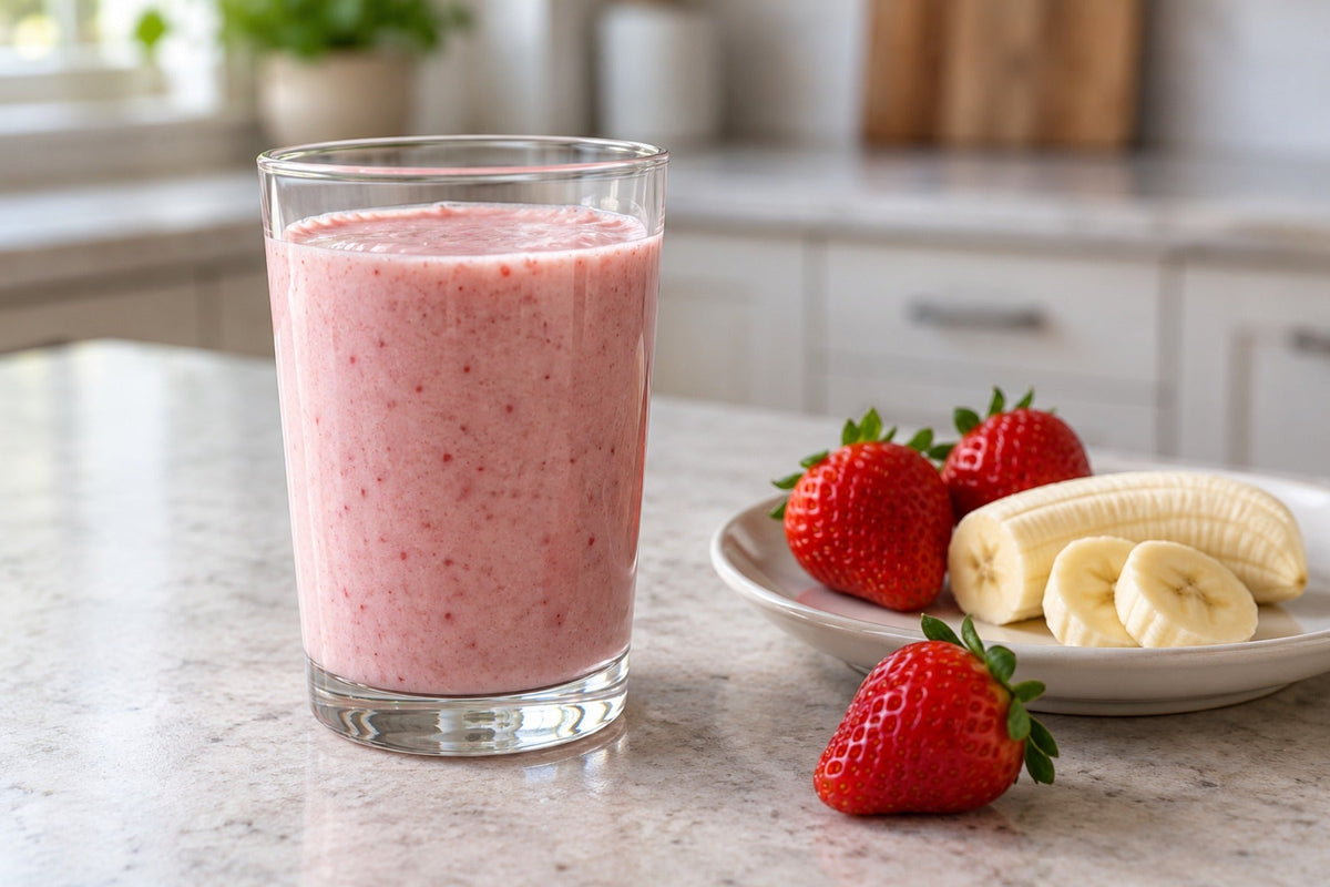 A pink smoothie in a clear glass beside strawberries and sliced banana on a kitchen counter.