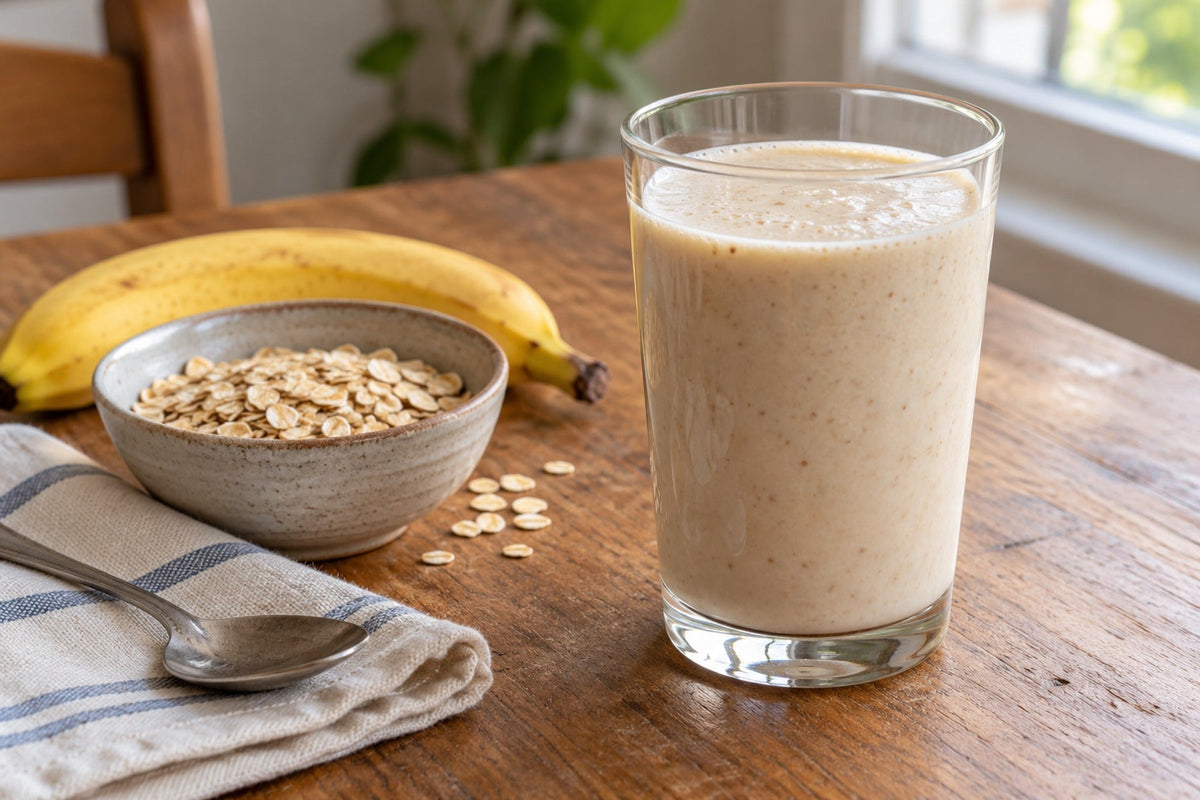 A creamy shake beside a banana and a bowl of rolled oats on a wooden table.