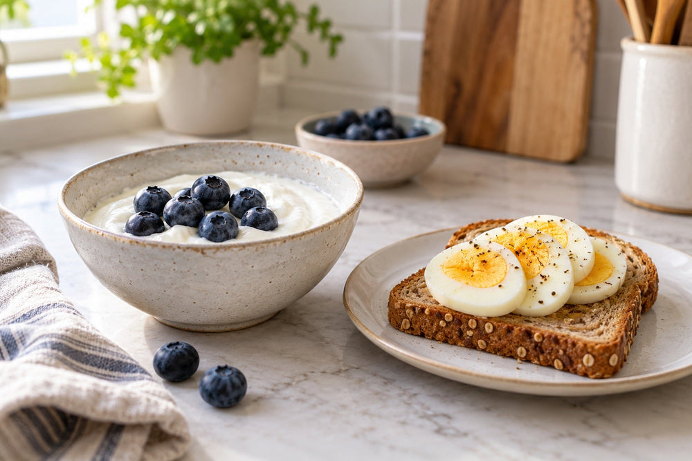 Greek yogurt topped with blueberries beside fully cooked egg slices on whole-grain toast.