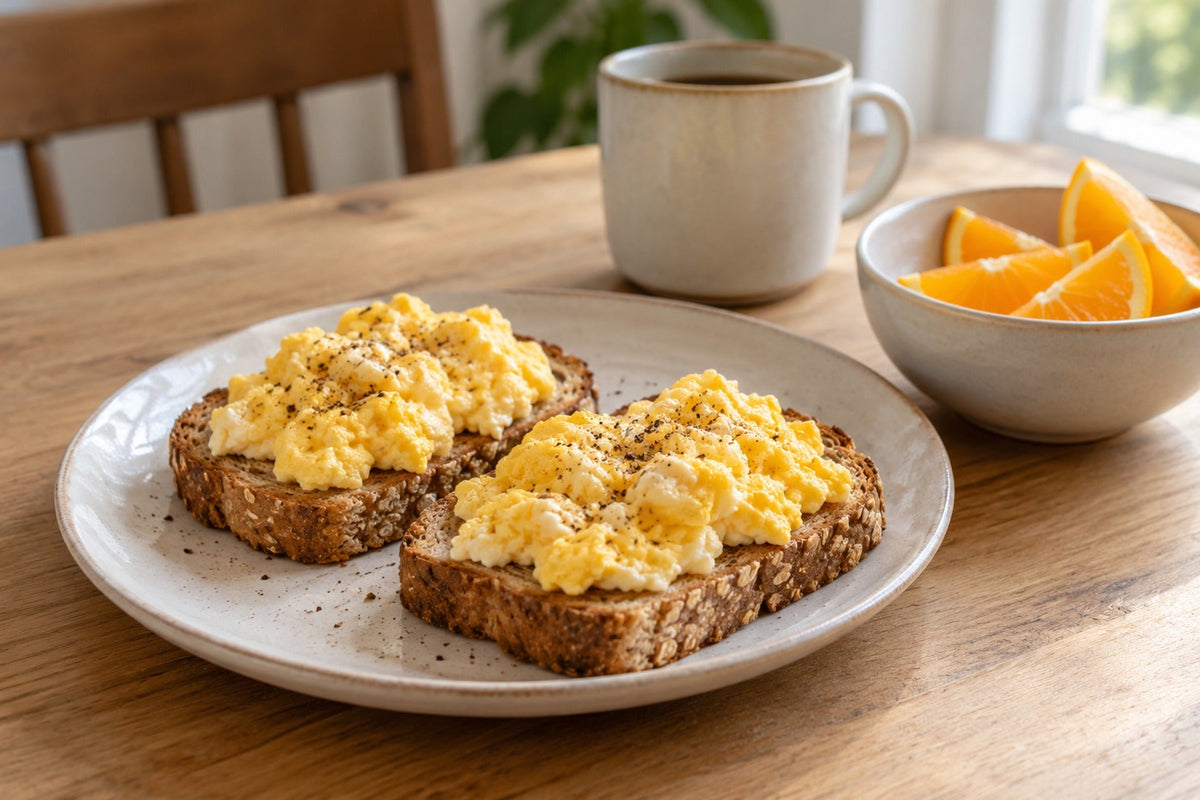 Scrambled eggs on whole-grain toast with orange wedges and a mug on a wooden table.